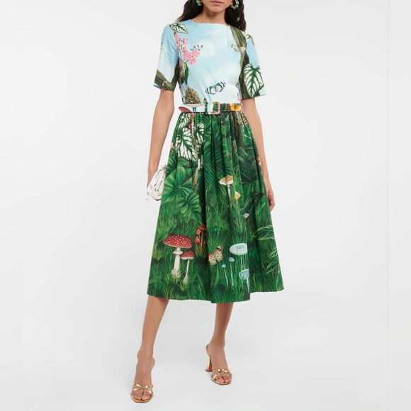 *'$2,490 NEW 2023 OSCAR DE LA RENTA BOTANICAL FOREST POPLIN MIDI RUNWAY DRESS L - Picture 1 of 11